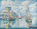 Quadro decorativo de Paul Signac com paisagem marinha pontilhista, barcos de pesca coloridos e uma igreja ao fundo, em tons de azul, verde e amarelo.