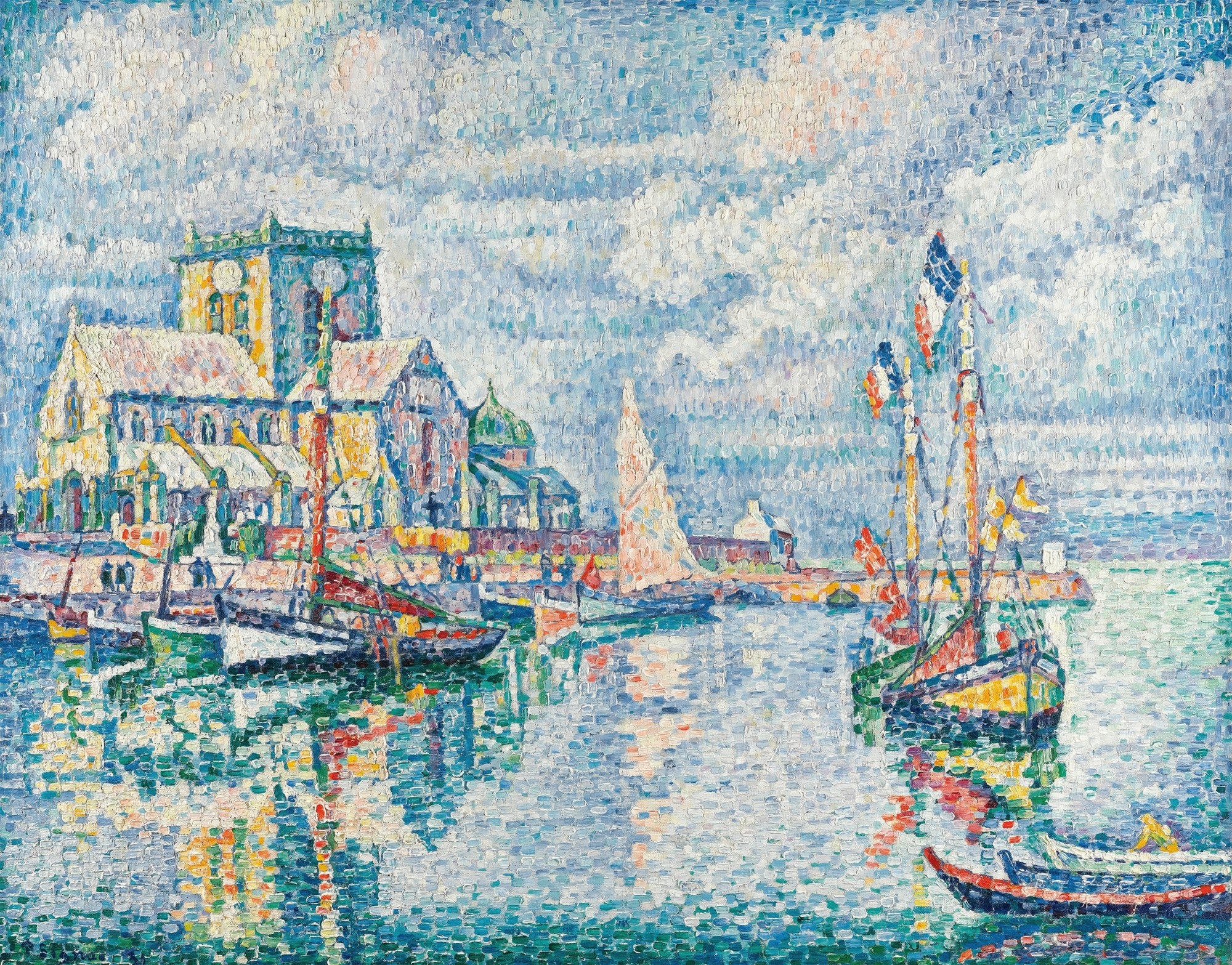 Quadro decorativo de Paul Signac com paisagem marinha pontilhista, barcos de pesca coloridos e uma igreja ao fundo, em tons de azul, verde e amarelo.