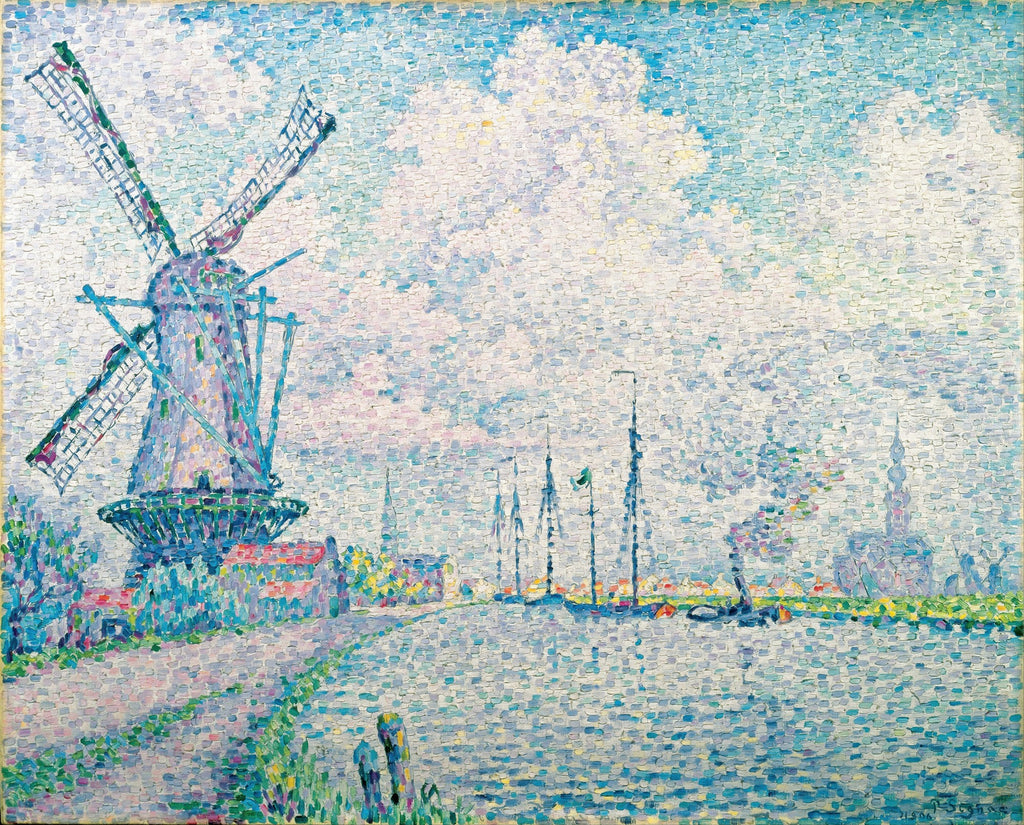 Quadro decorativo Moinho de Vento na Holanda, de Paul Signac, com técnica pontilhista. Cores claras e vibrantes de azul, verde e rosa, representando um moinho, barcos e água sob um céu nublado.