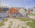 Quadro decorativo com a obra 'Les Gazomètres' de Paul Signac, retratando paisagem urbana com construções e gasômetros em estilo pontilhista, sob céu azul-claro.