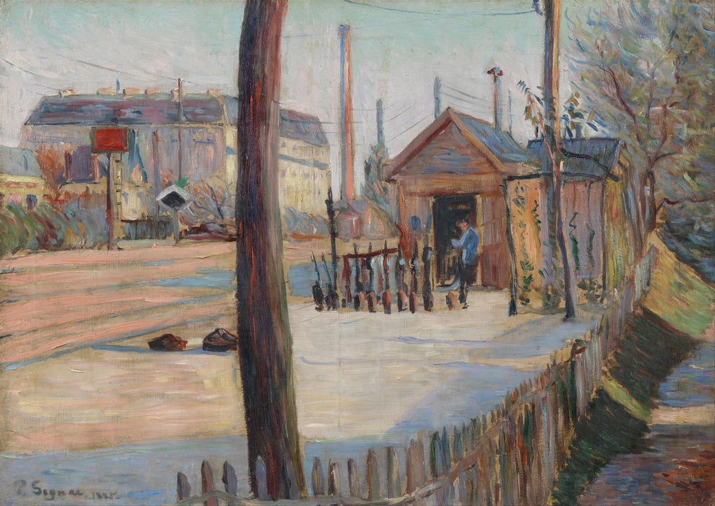 Pintura a óleo de Paul Signac mostrando uma paisagem urbana nevada com edifícios, postes de madeira e uma figura em uma cabana, em tons pastéis de azul, marrom e cinza.