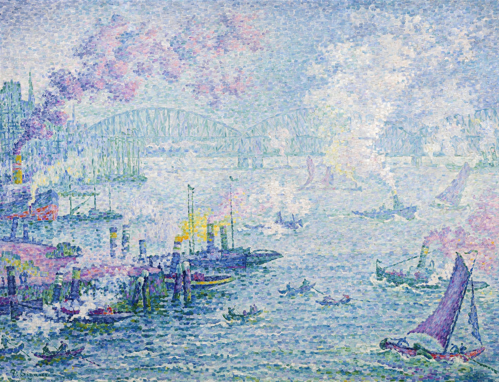 Quadro decorativo de Paul Signac, "Le Pont des Arts, Paris", com uma paisagem marinha pontilhista, barcos a vapor, veleiros e uma ponte ao fundo, em tons de azul, lavanda e verde.