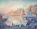 Pintura pontilhista de Paul Signac retratando um porto ao pôr do sol, com barcos a vela e figuras humanas nas docas, em tons de rosa, azul e dourado. A imagem mostra o Porto de Saint-Tropez.