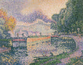 Pintura pontilhista de Paul Signac, 'Le Canal à Veneux-les-Sablons', mostrando um canal com barcos, figuras humanas e árvores em tons vibrantes de azul, verde, rosa e amarelo, com céu claro e um fundo de colinas. É uma paisagem com barcaças e eclusas.