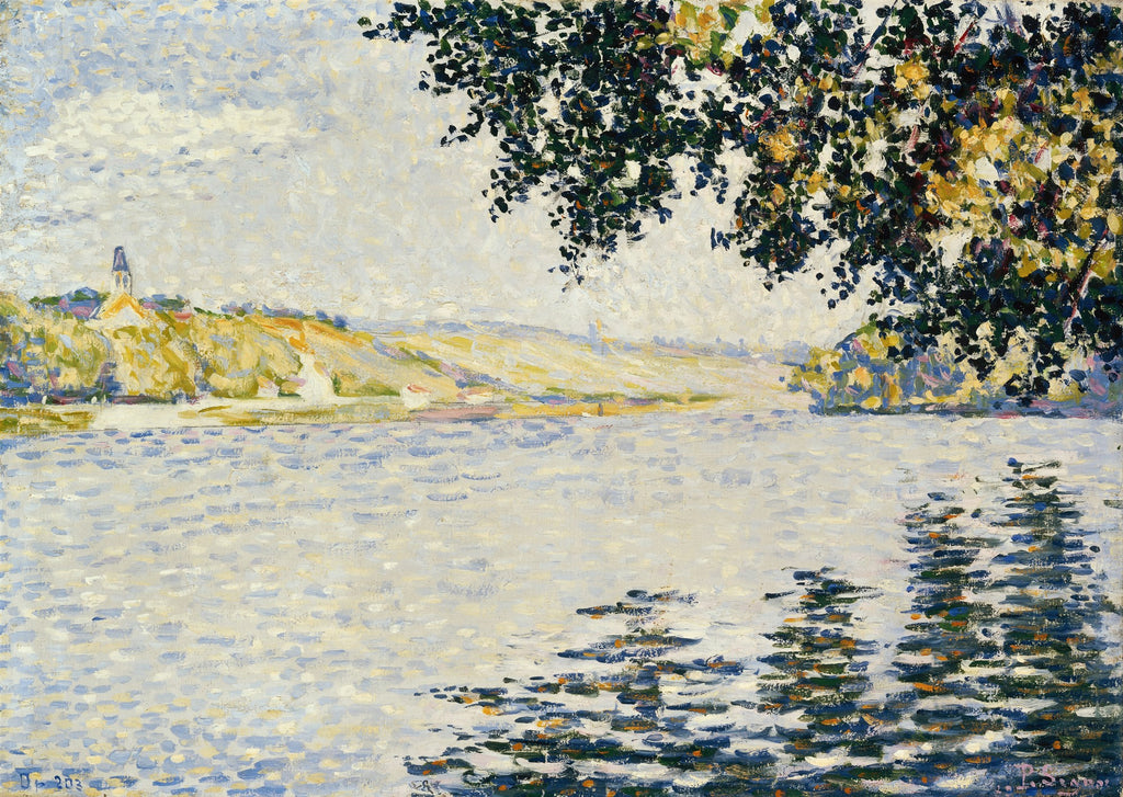 Quadro decorativo com paisagem fluvial de Paul Signac, retratando um rio calmo com margens arborizadas e uma igreja ao fundo, pintado em estilo pontilhista com tons de azul, verde e amarelo.