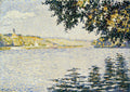 Quadro decorativo com paisagem fluvial de Paul Signac, retratando um rio calmo com margens arborizadas e uma igreja ao fundo, pintado em estilo pontilhista com tons de azul, verde e amarelo.