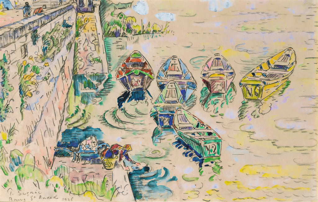 Pintura de Paul Signac, 'Bourg Saint Andéol', representando barcos coloridos ancorados em um rio com margens arborizadas e uma ponte ao fundo, em estilo Neoimpressionista.