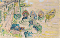 Pintura de Paul Signac, 'Bourg Saint Andéol', representando barcos coloridos ancorados em um rio com margens arborizadas e uma ponte ao fundo, em estilo Neoimpressionista.