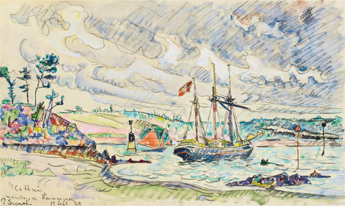 Aquarela e lápis de Paul Signac, 'Cathrin', representando um veleiro atracado em uma enseada costeira, com colinas verdes e um céu nublado, em estilo pós-impressionista com cores vibrantes e traços soltos.