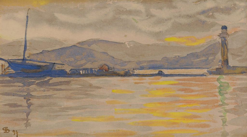 Quadro decorativo com paisagem marinha ao entardecer, estilo impressionista. Barco à esquerda, farol à direita, montanhas ao fundo e reflexos dourados na água. Assinado 'S. 94'.