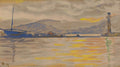 Quadro decorativo com paisagem marinha ao entardecer, estilo impressionista. Barco à esquerda, farol à direita, montanhas ao fundo e reflexos dourados na água. Assinado 'S. 94'.