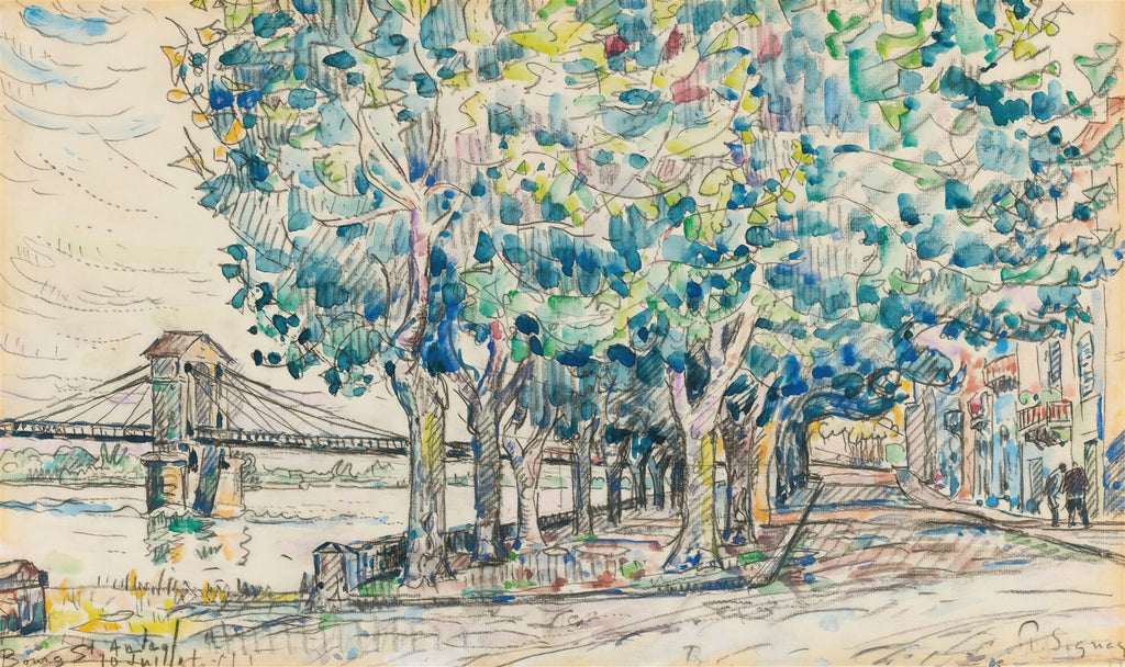 Quadro decorativo atribuído a Paul Signac, representando uma paisagem urbana com uma ponte suspensa sobre um rio, árvores frondosas com folhagem verde e azul vibrante, e edifícios ao fundo, em estilo Neoimpressionista com pinceladas soltas e aguadas.
