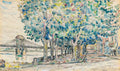 Quadro decorativo atribuído a Paul Signac, representando uma paisagem urbana com uma ponte suspensa sobre um rio, árvores frondosas com folhagem verde e azul vibrante, e edifícios ao fundo, em estilo Neoimpressionista com pinceladas soltas e aguadas.