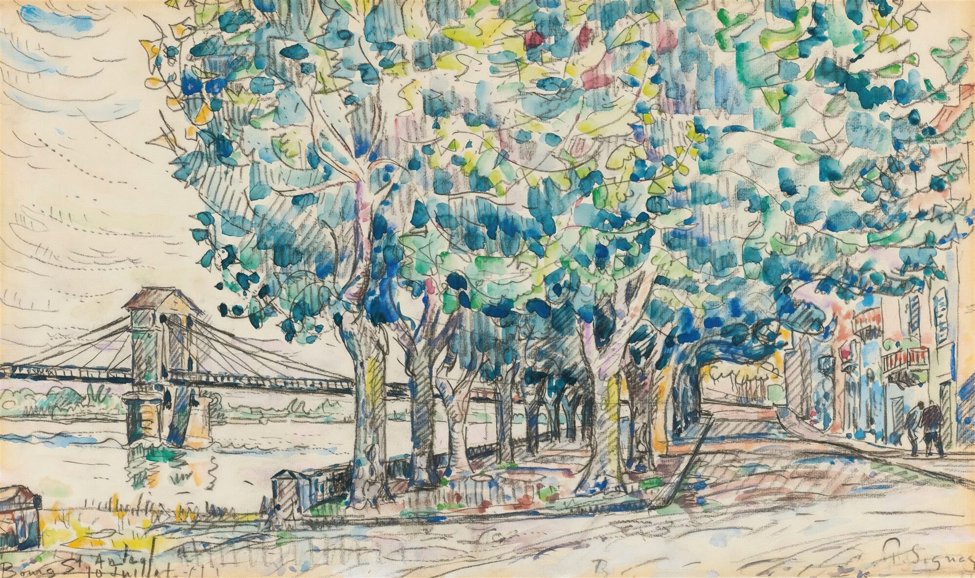 Quadro decorativo atribuído a Paul Signac, representando uma paisagem urbana com uma ponte suspensa sobre um rio, árvores frondosas com folhagem verde e azul vibrante, e edifícios ao fundo, em estilo Neoimpressionista com pinceladas soltas e aguadas.
