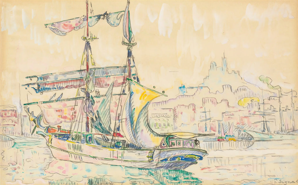 Quadro decorativo atribuído a Paul Signac, mostrando um porto com grandes veleiros e uma cidade ao fundo. Cores pastel, estilo aquarela, com tons de azul, rosa, amarelo e verde.