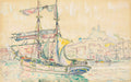 Quadro decorativo atribuído a Paul Signac, mostrando um porto com grandes veleiros e uma cidade ao fundo. Cores pastel, estilo aquarela, com tons de azul, rosa, amarelo e verde.