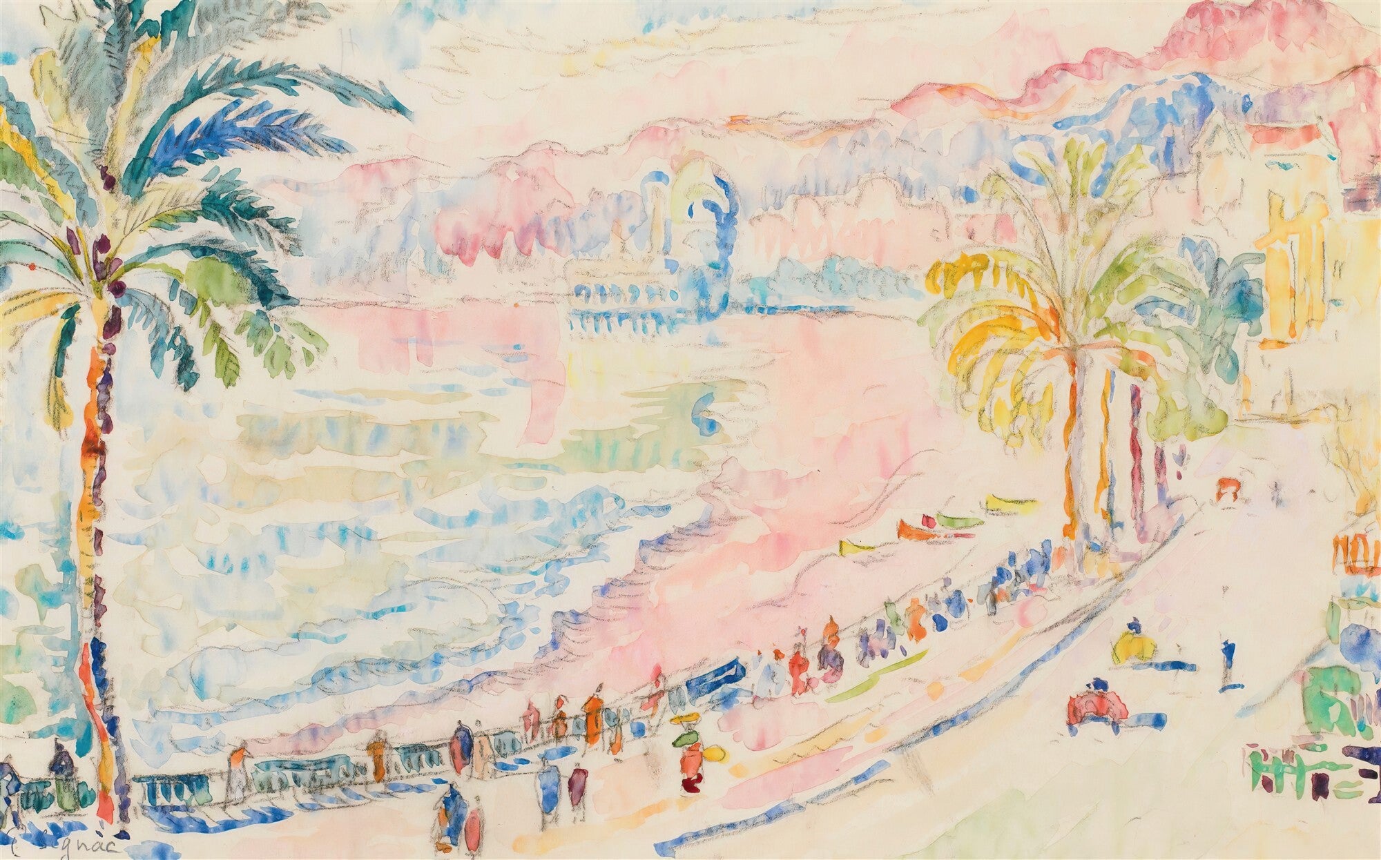 Quadro decorativo em aquarela de Paul Signac, representando uma paisagem da Riviera Francesa com coqueiros, praia, mar e pessoas em tons pastéis de rosa, azul e verde.