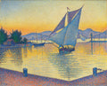 Quadro decorativo de Paul Signac, 'Le Port au soleil couchant, Saint-Tropez', mostrando um porto com barco a vela ao pôr do sol, em estilo pontilhista com tons de amarelo, laranja e azul.