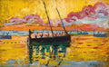 Pintura a óleo de Paul Signac representando um barco com mastros e tripulantes em um mar com reflexos de luz, sob um céu alaranjado e amarelo com nuvens rosadas ao pôr do sol. O estilo é impressionista com pinceladas visíveis.