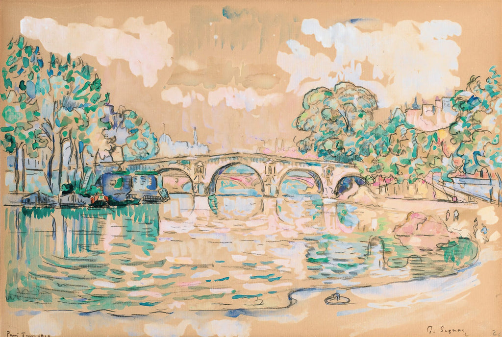 Quadro decorativo do Pont des Arts em Paris, pintado por Paul Signac, com ponte de arcos sobre um rio, árvores nas margens e céu claro. A técnica parece ser aquarela, com pinceladas soltas e cores pastel.