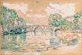 Quadro decorativo do Pont des Arts em Paris, pintado por Paul Signac, com ponte de arcos sobre um rio, árvores nas margens e céu claro. A técnica parece ser aquarela, com pinceladas soltas e cores pastel.