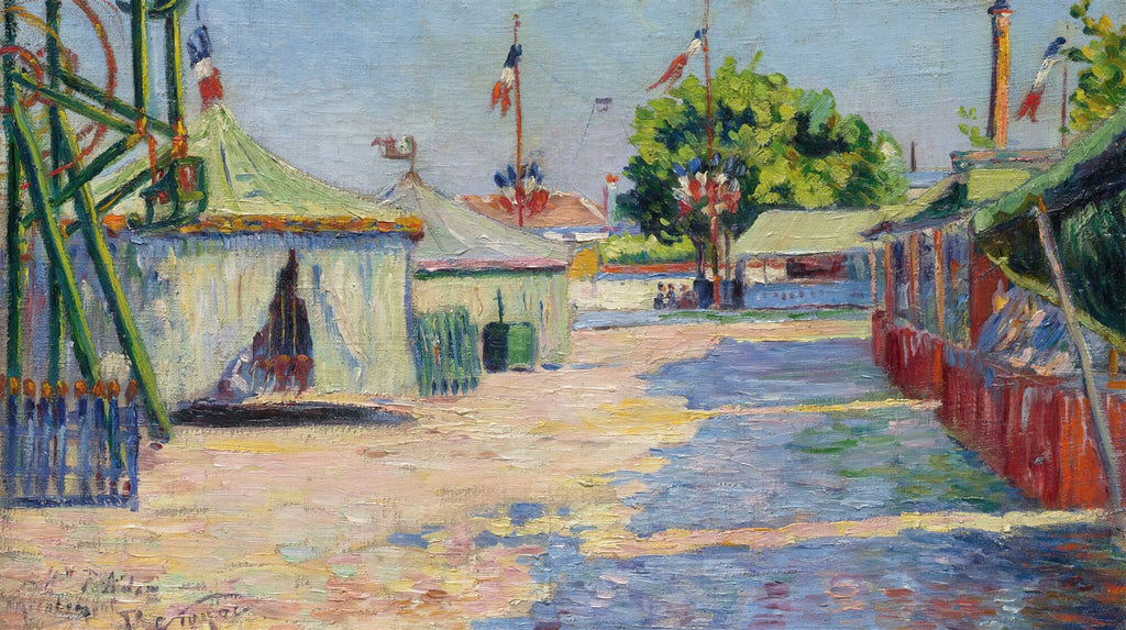 Quadro decorativo colorido de Paul Signac, representando a Feira de Saint-Cloud com tendas, uma roda-gigante e pessoas, sob um céu azul, em estilo pontilhista.