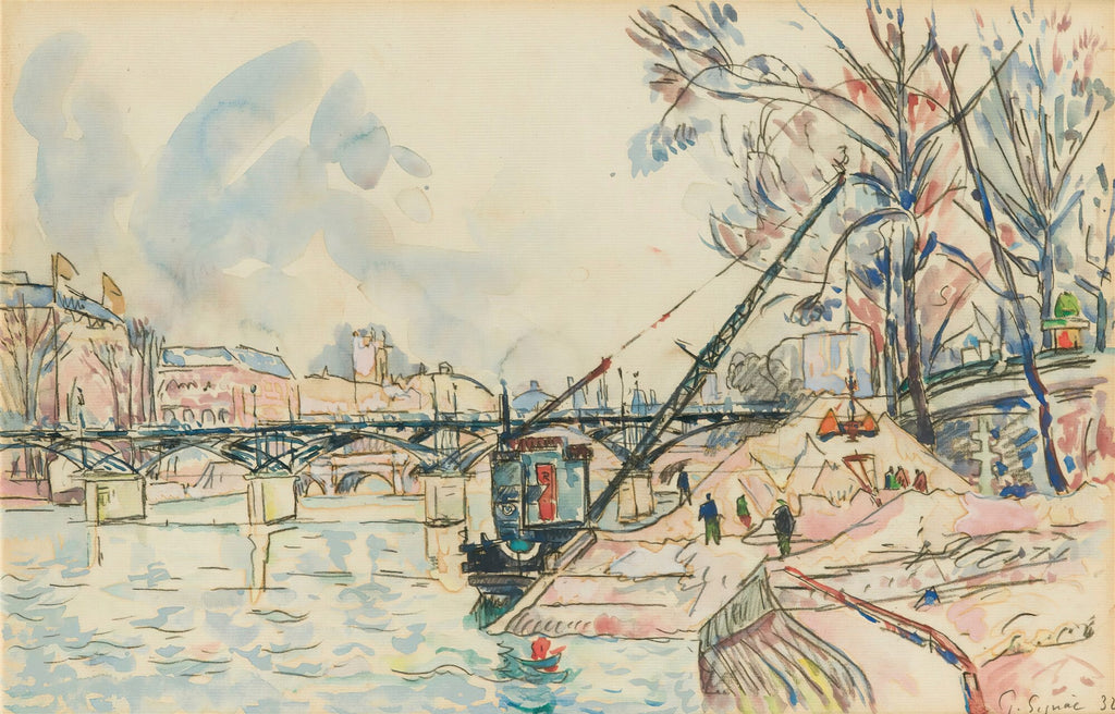 Aquarela de Paul Signac, datada de 1932, retratando um cais parisiense com pontes, gruas e pessoas. Predominam tons pastel de azul, rosa e bege, com detalhes em preto nos contornos. A água reflete a paisagem.