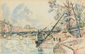 Aquarela de Paul Signac, datada de 1932, retratando um cais parisiense com pontes, gruas e pessoas. Predominam tons pastel de azul, rosa e bege, com detalhes em preto nos contornos. A água reflete a paisagem.
