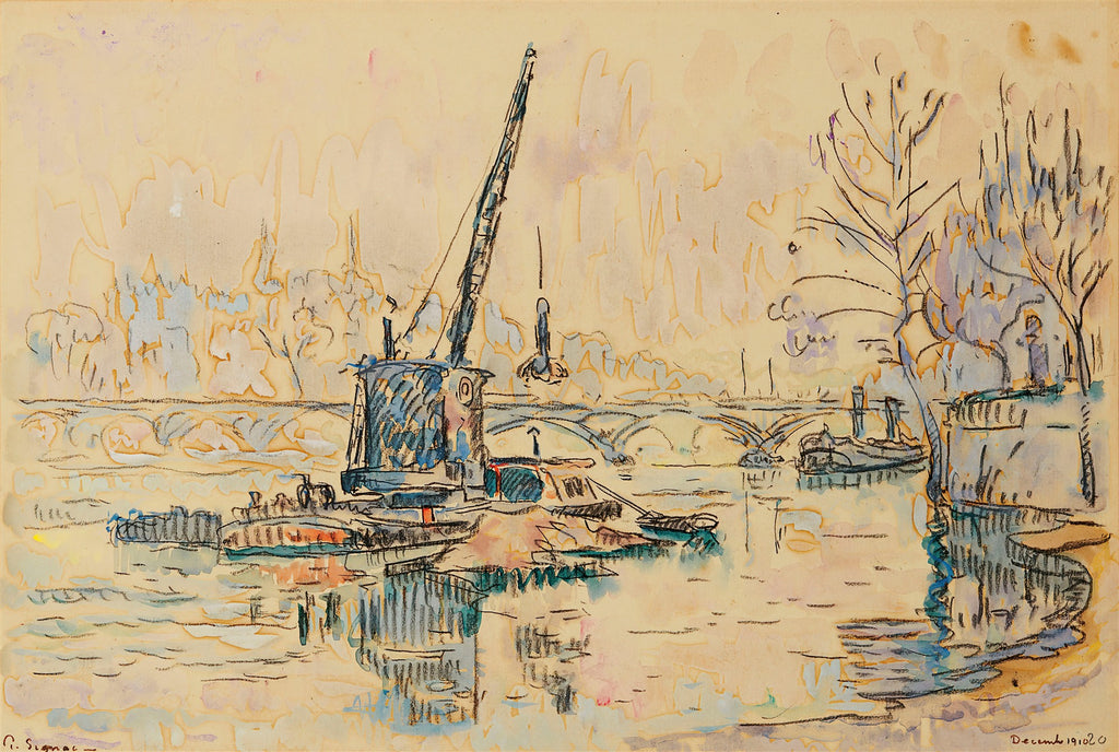 Quadro decorativo com paisagem de porto urbano em aquarela, estilo Paul Signac. Barcos, guindaste e ponte sobre o rio em tons pastéis de azul, verde e amarelo.