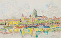 Quadro decorativo de Paul Signac, aquarela de um porto colorido com barcos e edifícios refletidos na água, céu claro com nuvens esboçadas.
