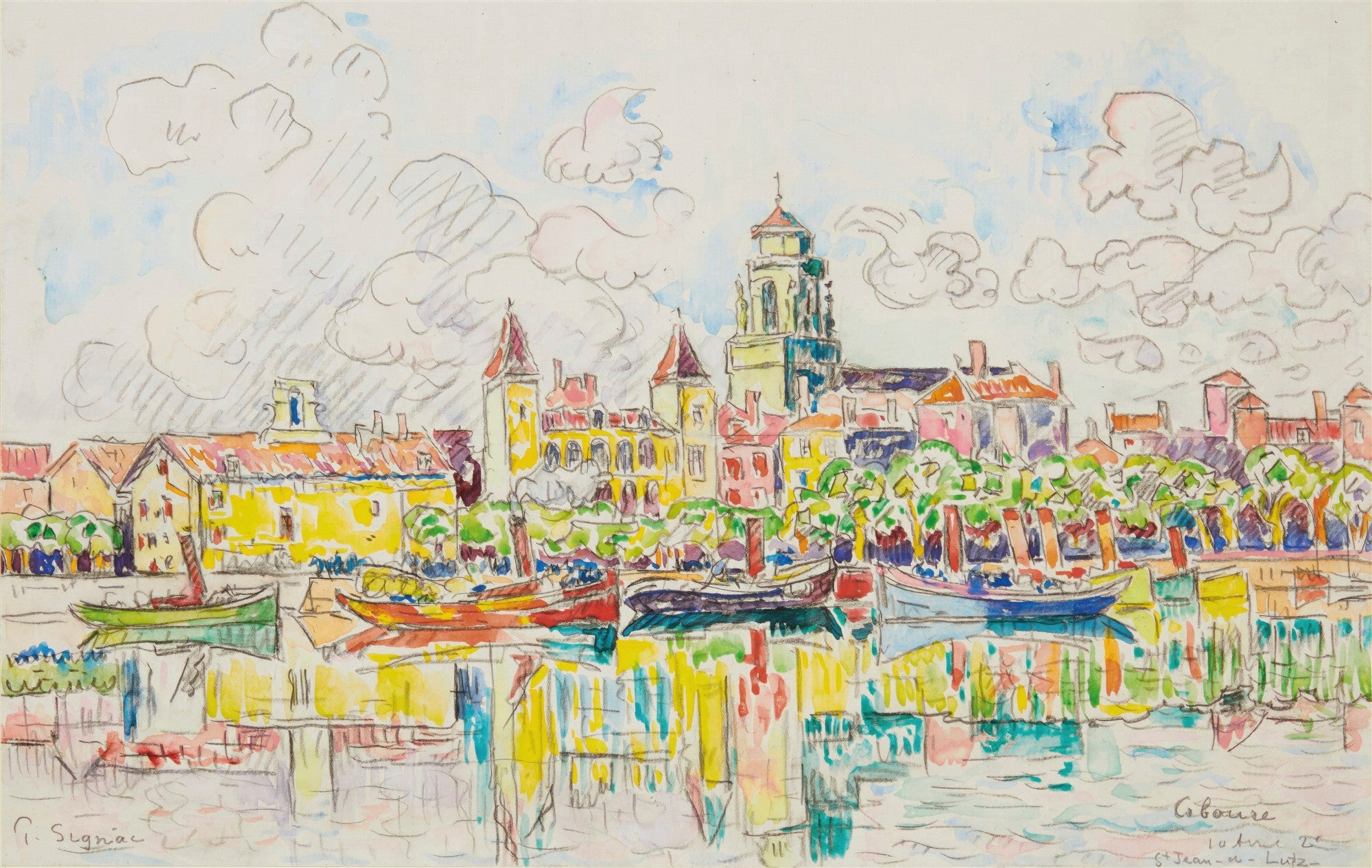 Quadro decorativo de Paul Signac, aquarela de um porto colorido com barcos e edifícios refletidos na água, céu claro com nuvens esboçadas.