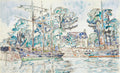 Quadro decorativo com desenho de um porto, com barcos coloridos atracados, árvores e casas em estilo europeu, em aquarela e grafite, assinado por Paul Signac.