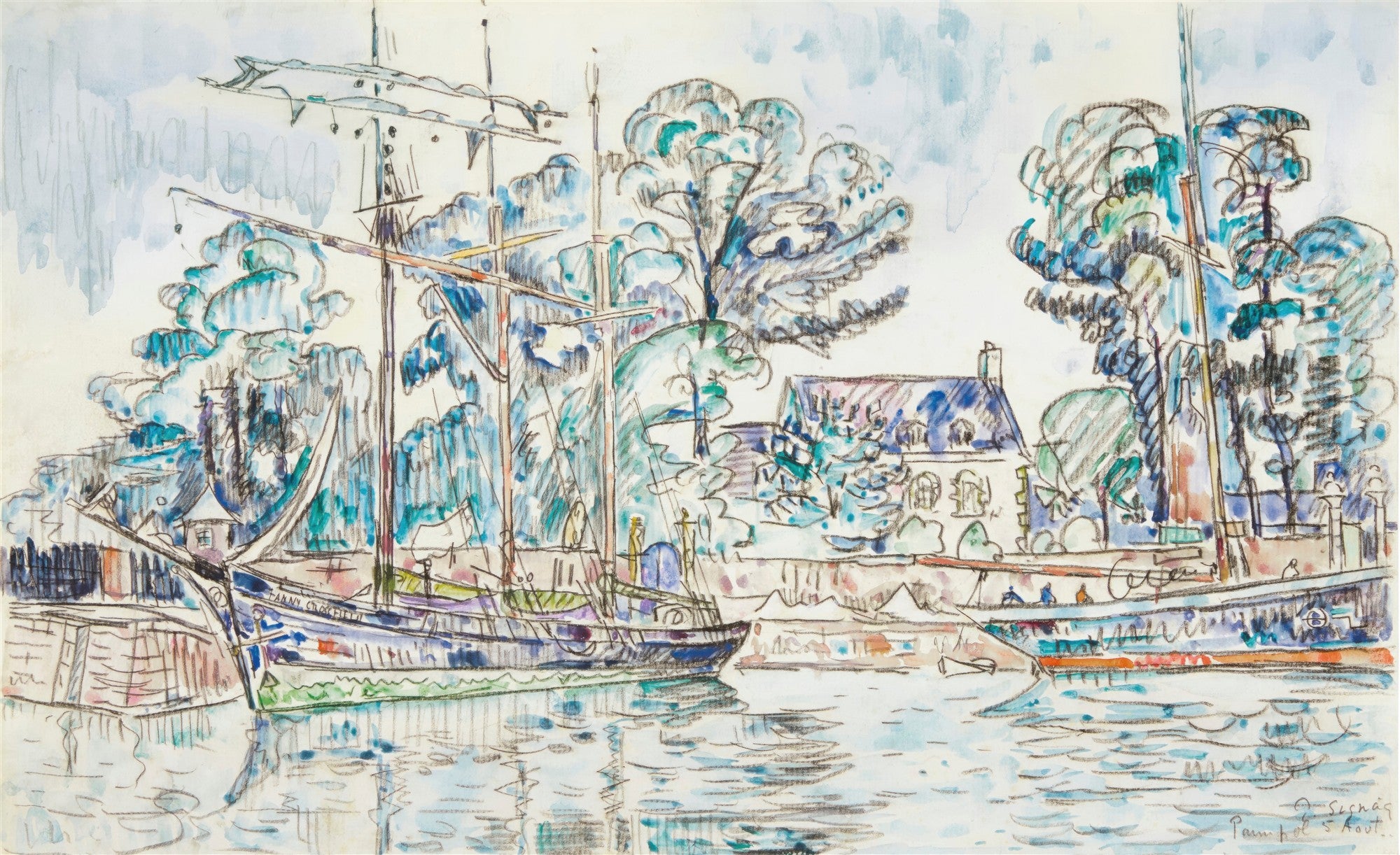 Quadro decorativo com desenho de um porto, com barcos coloridos atracados, árvores e casas em estilo europeu, em aquarela e grafite, assinado por Paul Signac.