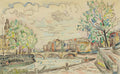 Desenho a bico de pena e aquarela de Paul Signac, retratando uma ponte sobre o rio Sena em Paris, com edifícios e árvores nas margens sob um céu nublado