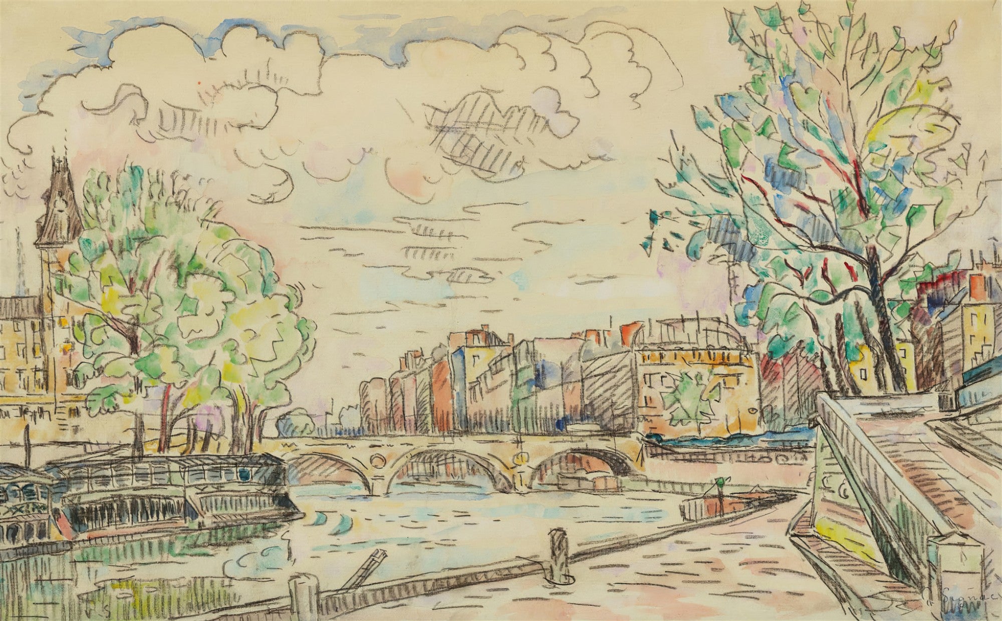 Desenho a bico de pena e aquarela de Paul Signac, retratando uma ponte sobre o rio Sena em Paris, com edifícios e árvores nas margens sob um céu nublado