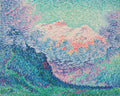 Quadro decorativo pontilhista de montanhas ao entardecer com tons de rosa, azul, verde e roxo, atribuído a Paul Signac.