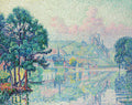 Quadro decorativo pontilhista de Paul Signac, representando um rio com árvores frondosas à esquerda, reflexos na água e uma cidade com castelo ao fundo, sob um céu rosado. A técnica é de pequenos pontos de cor.