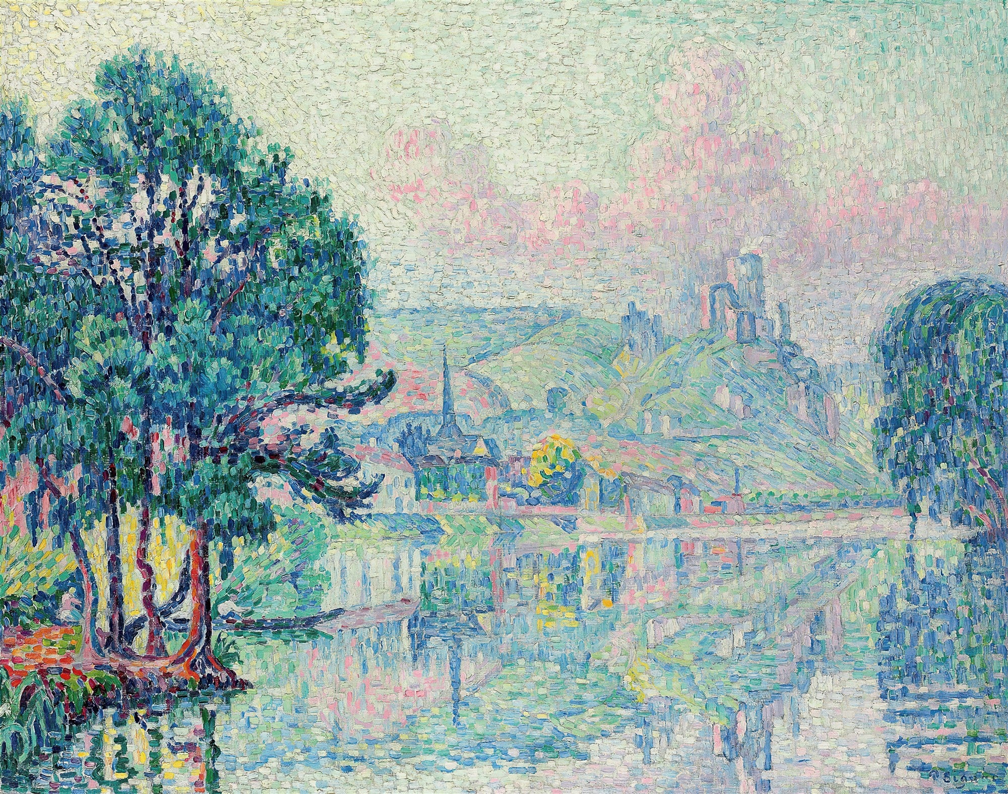 Quadro decorativo pontilhista de Paul Signac, representando um rio com árvores frondosas à esquerda, reflexos na água e uma cidade com castelo ao fundo, sob um céu rosado. A técnica é de pequenos pontos de cor.