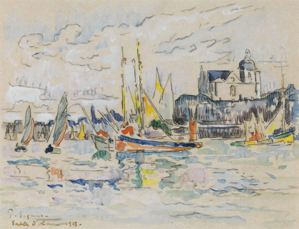 Quadro decorativo com aquarela de Paul Signac, representando um porto com barcos a vela coloridos e um edifício em uma colina ao fundo, sob um céu com nuvens suaves. A cena é tranquila e luminosa.