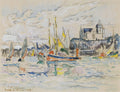 Quadro decorativo com aquarela de Paul Signac, representando um porto com barcos a vela coloridos e um edifício em uma colina ao fundo, sob um céu com nuvens suaves. A cena é tranquila e luminosa.