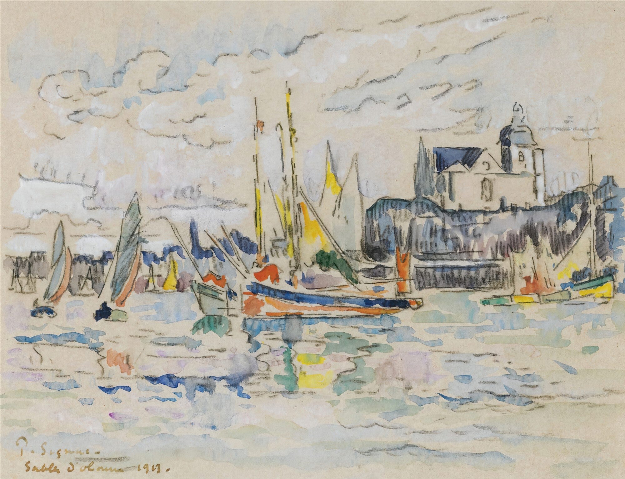 Quadro decorativo com aquarela de Paul Signac, representando um porto com barcos a vela coloridos e um edifício em uma colina ao fundo, sob um céu com nuvens suaves. A cena é tranquila e luminosa.