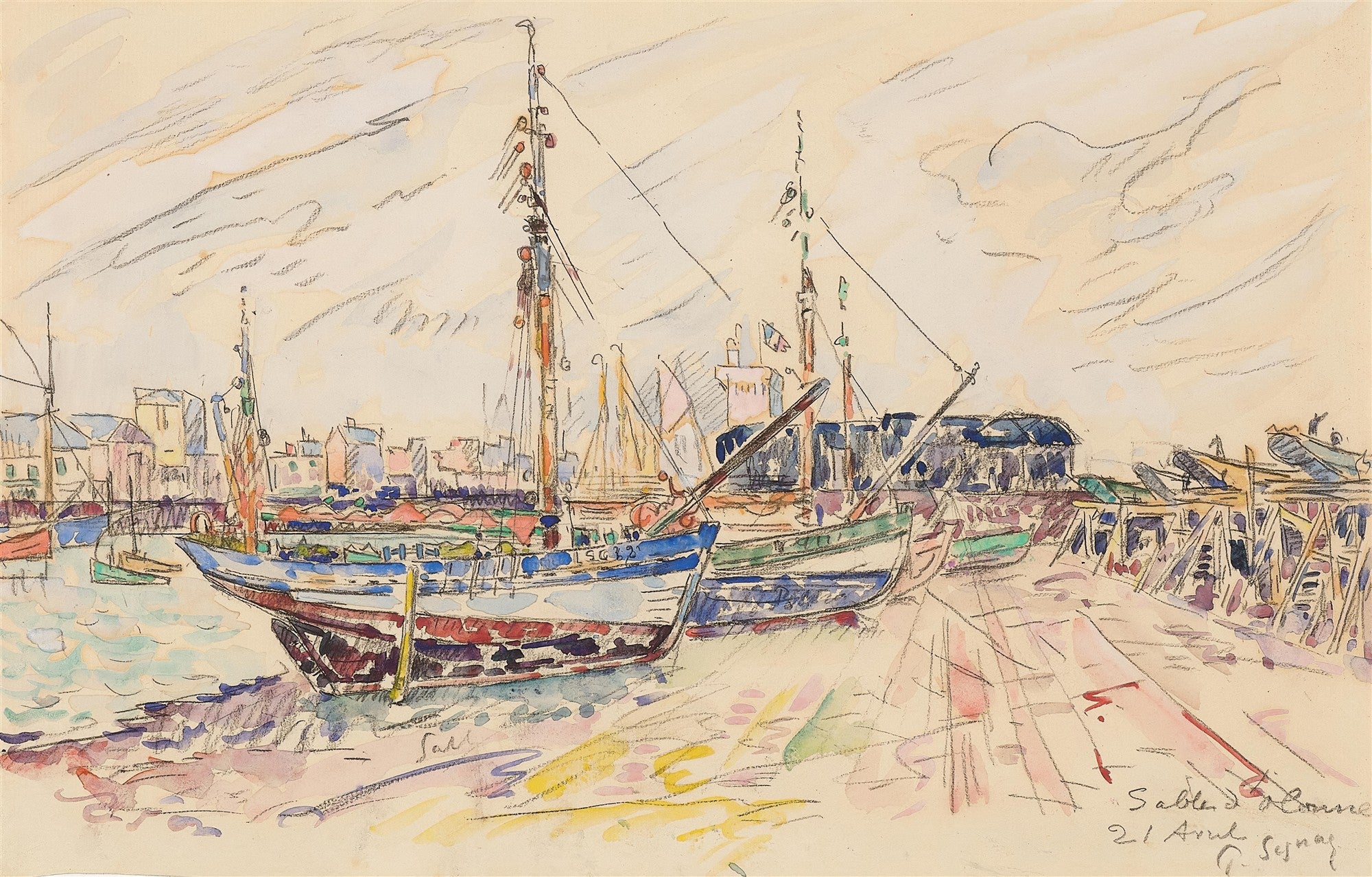 Quadro decorativo mostrando uma paisagem portuária com barcos de pesca ancorados, casas ao fundo e céu claro. A obra é atribuída a Paul Signac, com tons suaves de aquarela e traços de grafite, e a data '21 Avril 1922 Sables-d'Olonne' escrita na parte inferior direita.