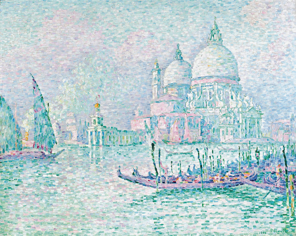 Quadro decorativo pontilhista de Paul Signac, retratando a Basílica de Santa Maria della Salute em Veneza com gondoleiros e barcos no Grande Canal, em tons pastel de azul, verde e rosa.