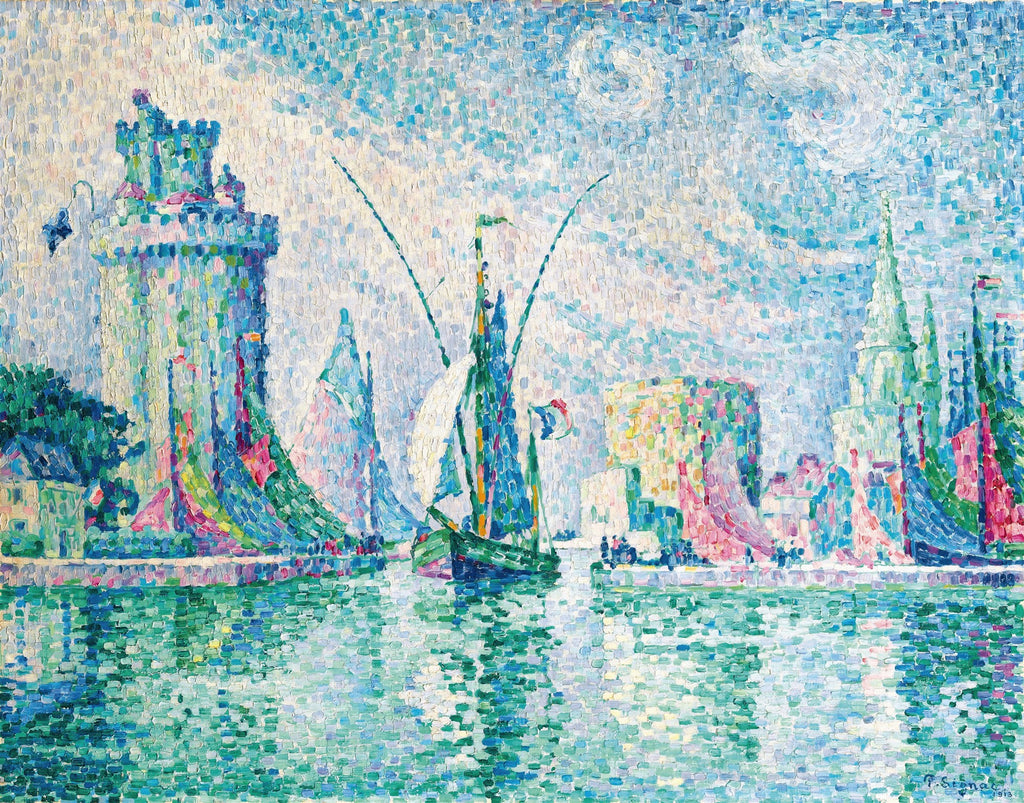Quadro decorativo colorido de Paul Signac, Le Port de La Rochelle, representando um porto com veleiros e uma torre, com a técnica de pontilhismo em tons de azul, verde, rosa e amarelo, refletindo na água.