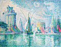Quadro decorativo colorido de Paul Signac, Le Port de La Rochelle, representando um porto com veleiros e uma torre, com a técnica de pontilhismo em tons de azul, verde, rosa e amarelo, refletindo na água.