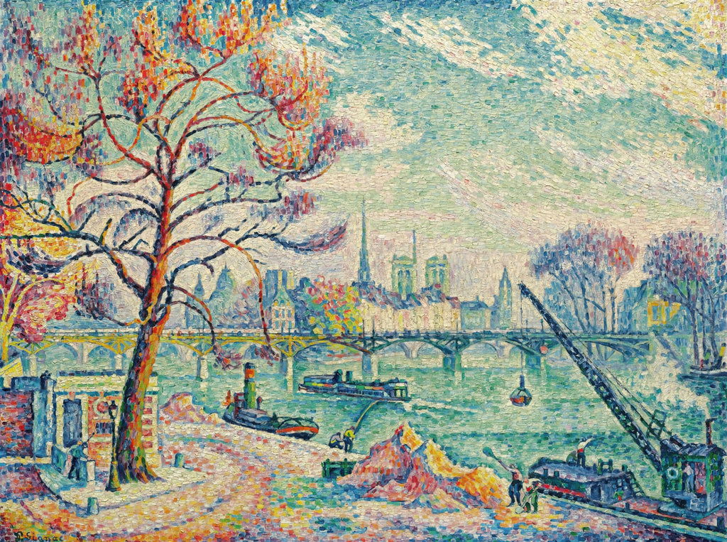 Quadro decorativo com paisagem portuária colorida no estilo Pontilhista de Paul Signac, mostrando barcos, ponte e edifícios sob um céu vibrante.