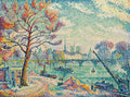 Quadro decorativo com paisagem portuária colorida no estilo Pontilhista de Paul Signac, mostrando barcos, ponte e edifícios sob um céu vibrante.