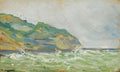 Pintura de Paul Signac mostrando uma paisagem costeira com mar revolto e colinas verdes. As ondas brancas espumam contra a costa, sob um céu nublado. A assinatura do artista é visível no canto inferior esquerdo.