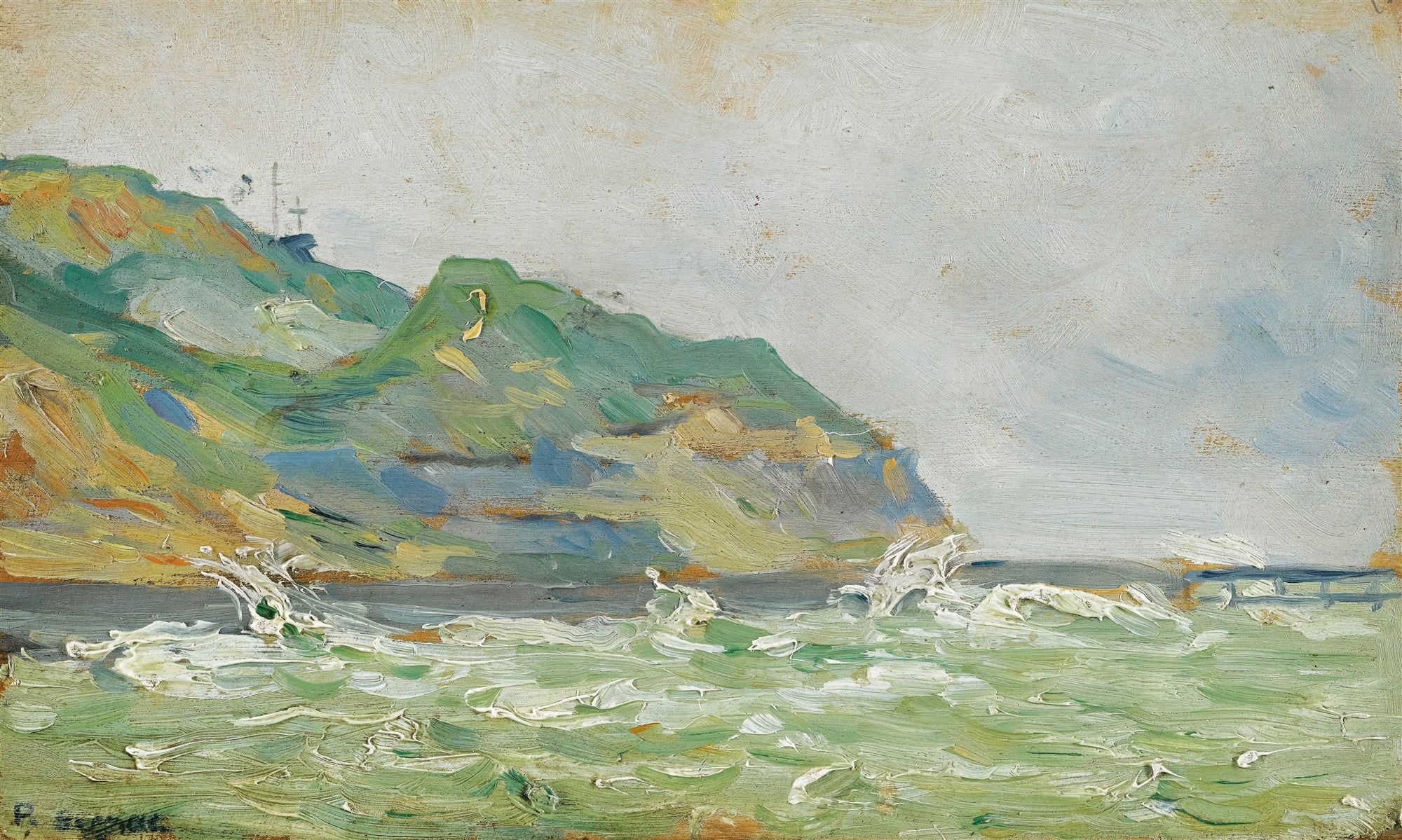 Pintura de Paul Signac mostrando uma paisagem costeira com mar revolto e colinas verdes. As ondas brancas espumam contra a costa, sob um céu nublado. A assinatura do artista é visível no canto inferior esquerdo.