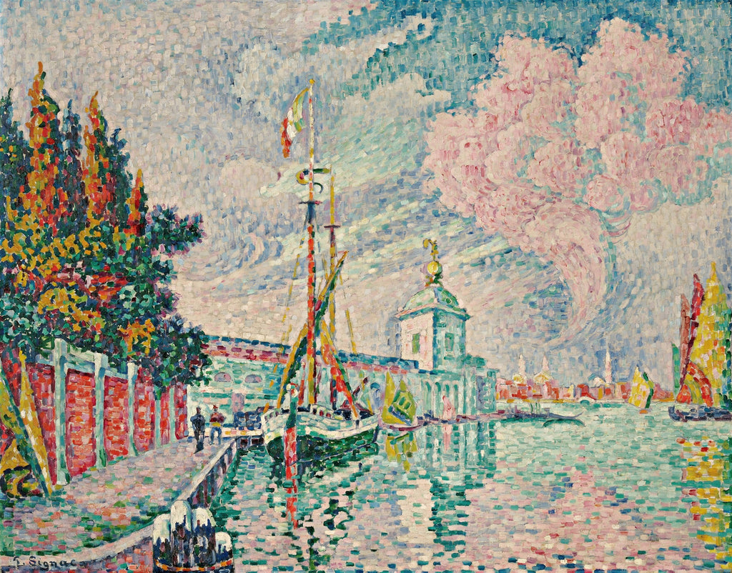 Quadro decorativo mostrando uma paisagem marítima de Veneza, com barcos e edifícios à beira de um canal, pintada com a técnica pontilhista em tons vibrantes e céu rosado, atribuída a Paul Signac.